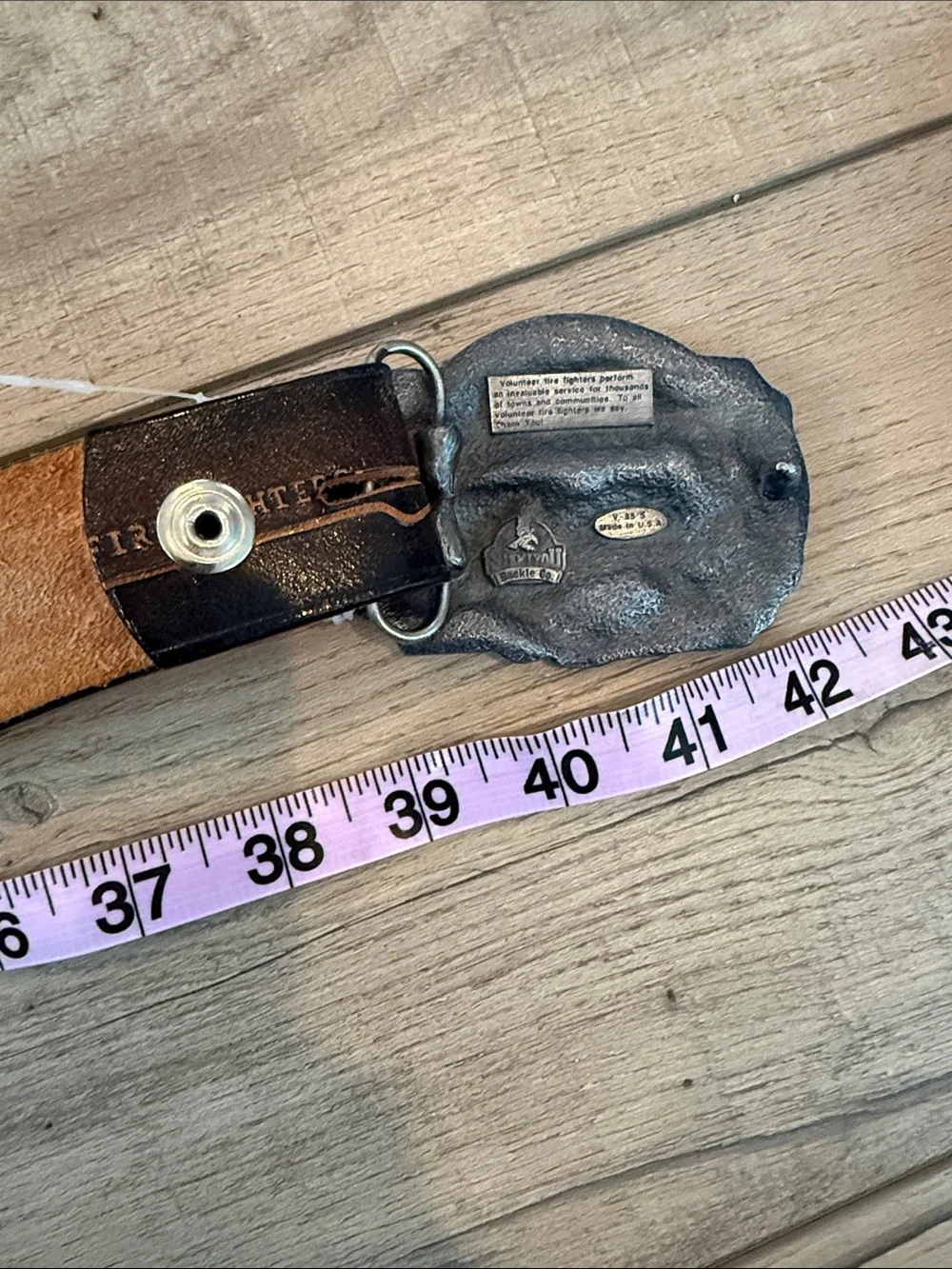 Brown Leather Belt with Red Fire Truck Volunteer Firefighter Buckle